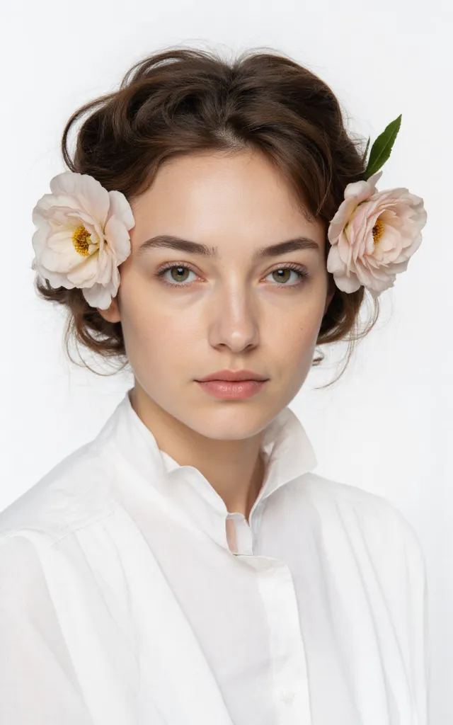 A French female model with Flower   adorned hair, wearing a shirt, against a white background, in a front   facing bust portrait